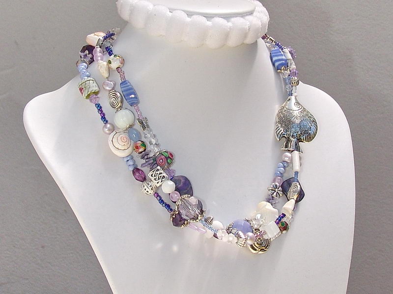 Collier 3-reihig, Silber Fisch, lavendel